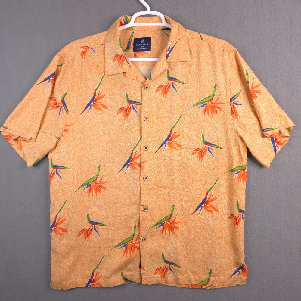 Caribbean Joe Mens XL Orange Silk Bird of Paradise Floral Aloha Camp Shirt XL